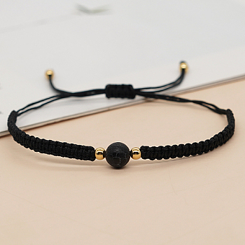 Gemstone Round Braided Bead Bracelet, Black Adjustable Bracelet, Bead: 8mm