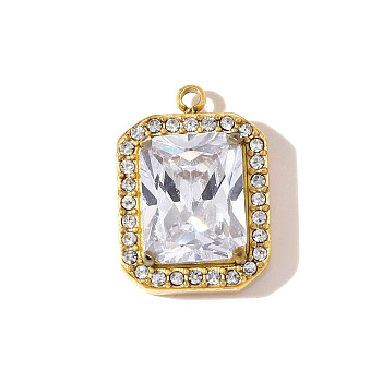 304 Stainless Steel Micro Pave Cubic Zirconia Pendants, Rectangle Charms, Ion Plating(IP), Mirror Polished Finish, Clear, 16x12mm, Hole: 1.5mm