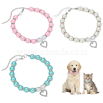 3Pcs 3 Colors Resin Imitation Pearl Beaded Pet Collar Necklaces, with Iron Rhinestones Heart Charms, Mixed Color, 9.33 inch(23.7cm), 1pc/color(NJEW-FG0001-20)