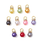 Imitation Pearl Acrylic Charms, Round, with Iron Loops and Brass Rhinestone Beads, Golden, 14.5x8mm, Hole: 3.5mm(PALLOY-JF03324-01)