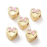 Heart with Bowknot Pattern Rack Plating Brass Enamel Beads, Cadmium Free & Lead Free, Long-Lasting Plated, Real 18K Gold Plated, 9x9.5x6.5mm, Hole: 3mm(KK-G512-04G)