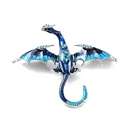 Dragon Alloy Rhinestone Brooches, Enamel Pins, Alloy Badge for Unisex, Antique Silver, Blue, 74x88x16mm(JEWB-K018-14AS-03)