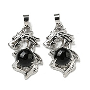 Natural Obsidian Pendants, Dragon Charms with Rack Plating Brass Findings, Platinum, Cadmium Free & Lead Free, 31x18x8~10mm, Hole: 5x8mm(G-G111-01P-03)