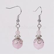 Natural Rose Quartz Bead Dangle Earrings, with Brass Earring Hooks, Alloy and Iron Findings, Platinum, 42mm(EJEW-JE02144-02)