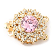 Brass Micro Pave Clear Cubic Zirconia Box Clasps, 2-Strand, 4-Hole, with Pink Glass Rhinestone, Flower, 16.5x21.5x10mm, Hole: 1.4mm(KK-E052-01C-G02)
