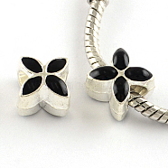 Alloy Enamel European Beads, Large Hole Beads, Flower, Silver Color Plated, Black, 10x10x8mm, Hole: 5mm(MPDL-R006-08)