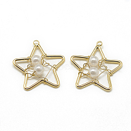 Brass Pendants, with ABS Plastic Imitation Pearl, Star, Real 18K Gold Plated, 21x19x4mm, Hole: 1mm(KK-T032-038G)