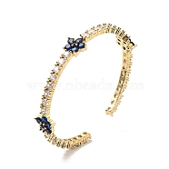 Cubic Zirconia Flower Open Cuff Bangles, Real 18K Gold Plated Brass Jewelry for Women, Midnight Blue, Inner Diameter: 2-1/4 inch(5.7cm)(BJEW-P281-01G-02)