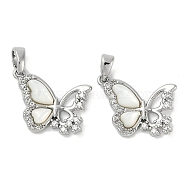 Brass Pave Natural White Shell Butterfly Pendants, Clear Cubic Zirconia Butterfly Charms, Platinum, 14x17.5x3mm, Hole: 5x2.5mm(KK-U043-28P)