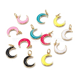 Real 18K Gold Plated Brass Enamel Pendants, with Jump Rings, Long-Lasting Plated, Moon, Mixed Color, 14x11x2mm, Hole: 3.5mm(KK-A155-14G)