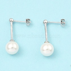 Shell Pearl Round Dangle Earrings, Real Platinum Plated Rhodium Plated 925 Sterling Silver Stud Earrings, Seashell Color, 24x8mm(EJEW-Z024-12A-P)