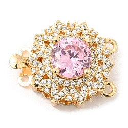 Brass Micro Pave Clear Cubic Zirconia Box Clasps, 2-Strand, 4-Hole, with Pink Glass Rhinestone, Flower, 16.5x21.5x10mm, Hole: 1.4mm(KK-E052-01C-G02)