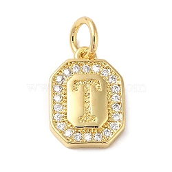 Real 18K Gold Plated Brass Micro Pave Clear Cubic Zirconia Pendants, with Jump Ring, Long-Lasting Plated, Lead Free & Cadmium Free, Letter Charms, Letter T, 12x8.5x2mm, Hole: 3mm(KK-L216-002G-T)