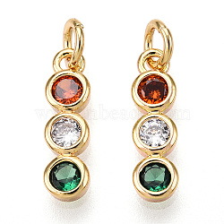 Brass Micro Pave Colorful Cubic Zirconia Pendants, with Jump Ring, Round, Real 18K Gold Plated, 12.5x3.5x2mm, Hole: 2.4mm(KK-K360-12G-1)