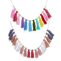 2Pcs 2 Styles Woolen Yarn Tassel Wall Hanging Ornaments, with Wood Round Beads, Mixed Color, 830~940x140mm, 1pc/style(HJEW-HY0001-10)