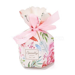 Paper Candy Boxes, Jewelry Candy Wedding Party Gift Packaging, with Ribbon, Hexagonal Vase, Floral Pattern, 7.25x7.2x13.1cm(CON-B005-11B)