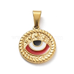 Ion Plating(IP) 304 Stainless Steel Pendants, with Enamel, Golden, Flat Round with Evil Eye Charm, Crimson, 18.5x16.5x2mm, Hole: 7.5x3.5mm(STAS-Q311-01G-03)