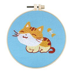 Animal Theme DIY Display Decoration Punch Embroidery Beginner Kit, Including Punch Pen, Needles & Yarn, Cotton Fabric, Threader, Plastic Embroidery Hoop, Instruction Sheet, Cat Shape, 155x155mm(SENE-PW0003-073V)