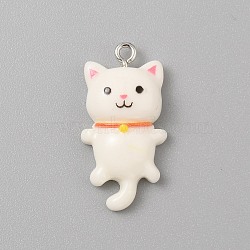 Opaque Resin Cat Pendants, Cute Kitten Charms with Platinum Plated Iron Loops, Floral White, 29x15.5x7mm, Hole: 2mm(X1-CRES-TAC0010-07D)