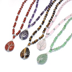 Natural & Synthetic Mixed Stone Pendant Necklaces, with Brass Findings, Teardrop with Tree, 23.62 inch(60cm)(NJEW-P241-C)