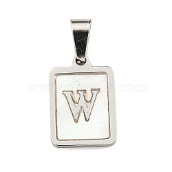 304 Stainless Steel Pave Natural White Shell Pendants, Rectangle with Letter Charms, Stainless Steel Color, Letter W, 17.5x12x1.5mm, Hole: 6x3mm(STAS-S130-03P-W)