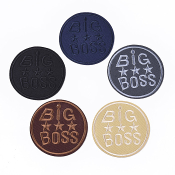 Computerized Embroidery Cloth Iron On/Sew On Patches, Costume Accessories, Appliques, Flat Round with Word Big Boss, Mixed Color, 78x1.5mm, about 5colors, 1color/12pcs, 60pcs/bag