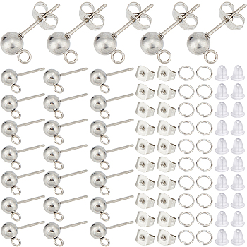 150Pcs 202 Stainless Steel Ball Stud Earring Findings, with 304 Stainless Steel Pins and Vertical Loop, 150Pcs Jump Rings, 300Pcs Ear Nuts, Stainless Steel Color, 16mm, Hole: 1.6mm, Pin: 0.7mm