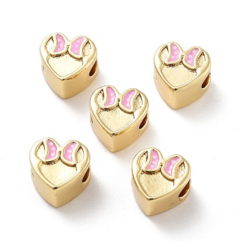 Heart with Bowknot Pattern Rack Plating Brass Enamel Beads, Cadmium Free & Lead Free, Long-Lasting Plated, Real 18K Gold Plated, 9x9.5x6.5mm, Hole: 3mm