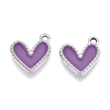 Rack Plating Alloy Enamel Charms, Heart Charm, Platinum, Medium Purple, 14.5x13x2mm, Hole: 1.6mm