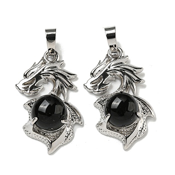 Natural Obsidian Pendants, Dragon Charms with Rack Plating Brass Findings, Platinum, Cadmium Free & Lead Free, 31x18x8~10mm, Hole: 5x8mm