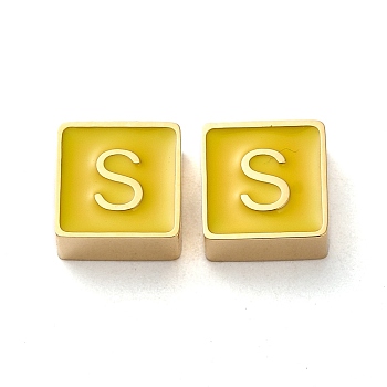 304 Stainless Steel Enamel Beads, Real 14K Gold Plated, Square with Letter, Letter S, 8x8x4mm, Hole: 2mm