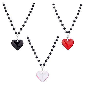 3Pcs 3 Colors Glass Heart Pendant Necklaces Set with Plastic Beaded Chains, Alloy Necklaces for Women, Mixed Color, 18.03 inch(45.8cm), 1Pc/color