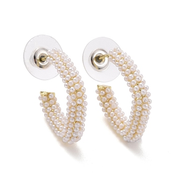 Imitation Pearl Beaded Twist C-shape Stud Earrings, Alloy Half Hoop Earrings, Open Hoop Earrings with 925 Sterling Silver Pin for Women, Light Gold, White, 21.5x23.5x4mm, Pin: 1mm