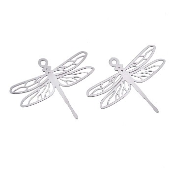 201 Stainless Steel Filigree Pendants, Etched Metal Embellishments, Dragonfly, Stainless Steel Color, 29x34.5x0.2mm, Hole: 1.8mm