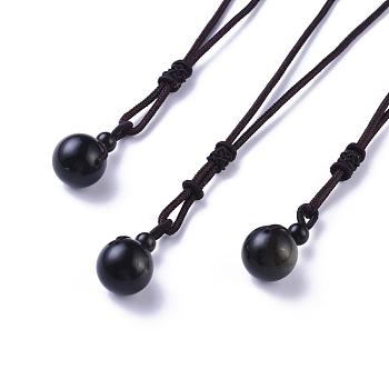 Natural Golden Sheen Obsidian Pendant Necklaces, with Nylon Cord, Round, 27.55 inch(70cm)