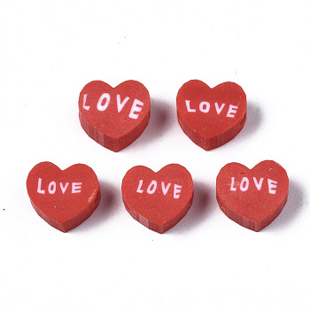 Handmade Polymer Clay Beads, Heart with Word Love, FireBrick, 8~8.5x9~9.5x4.5mm, Hole: 1.8mm