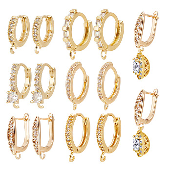 12Pcs 6 Style Brass Micro Pave Clear Cubic Zirconia Hoop Earring Findings, with Horizontal Loop, Real 18K Gold Plated, 15~17.5x2.5~15x2~13.5mm, Hole: 1~2.5mm, Pin: 0.6~1mm, 2pcs/style