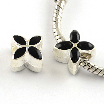 Alloy Enamel European Beads, Large Hole Beads, Flower, Silver Color Plated, Black, 10x10x8mm, Hole: 5mm