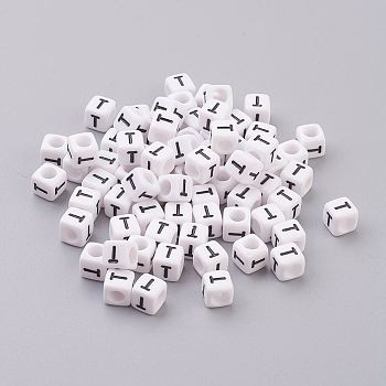 Pandahall 50g Opaque Acrylic Horizontal Hole Letter Beads, Cube, Letter T, 6x6x6mm, Hole: 3.2mm