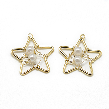 Brass Pendants, with ABS Plastic Imitation Pearl, Star, Real 18K Gold Plated, 21x19x4mm, Hole: 1mm