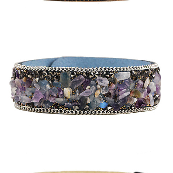 Flannelette Snap Bracelets, with Alloy Button and Natural Gemstone, Sky Blue, 65mm(2-1/2 inch)