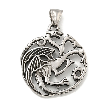 316 Surgical Stainless Steel Pendants, Flying Dragon Charm, Antique Silver, 37.5x33x5mm, Hole: 4x9mm