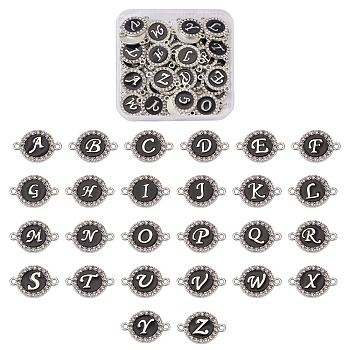 Alloy Enamel Links Connectors, with Crystal Rhinestones, Flat Round with Letter, Silver Color Plated, Letter A~Z, 22x16x2mm, Hole: 1.8mm, 26 Letters, 2pcs/letter, 52pcs/box