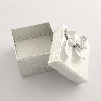 Valentines Day Presents Packages Square Cardboard Ring Boxes, with Bowknot Outside and Sponge Inside, Silver, 43x43x32mm