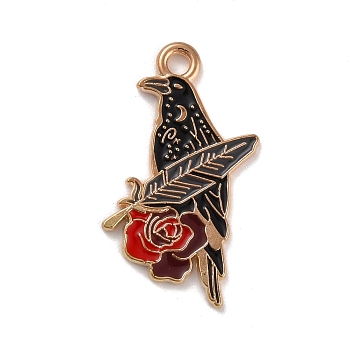 Alloy Enamel Pendants, Crow with Rose, Light Gold, 27x17x1mm, Hole: 2mm