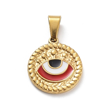 Ion Plating(IP) 304 Stainless Steel Pendants, with Enamel, Golden, Flat Round with Evil Eye Charm, Crimson, 18.5x16.5x2mm, Hole: 7.5x3.5mm