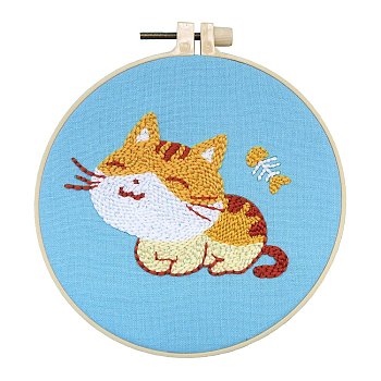 Animal Theme DIY Display Decoration Punch Embroidery Beginner Kit, Including Punch Pen, Needles & Yarn, Cotton Fabric, Threader, Plastic Embroidery Hoop, Instruction Sheet, Cat Shape, 155x155mm