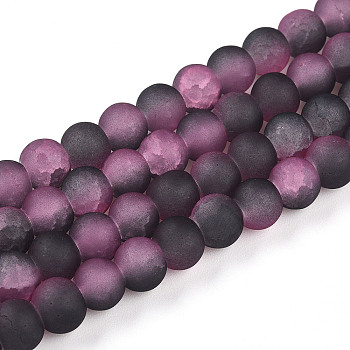 Crackle Glass Beads, Round, Two Tone, Frosted, Hot Pink, 6~6.5x5~5.5mm, Hole: 1mm