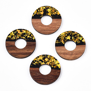 Opaque Resin & Walnut Wood Pendants, Donut/Pi Disc Charms with Paillettes, Black, 28x3mm, Hole: 2mm