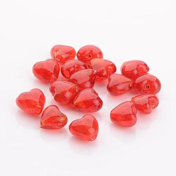 Handmade Silver Foil Glass Beads, Heart, Red, 15x15x10mm, Hole: 1~2mm